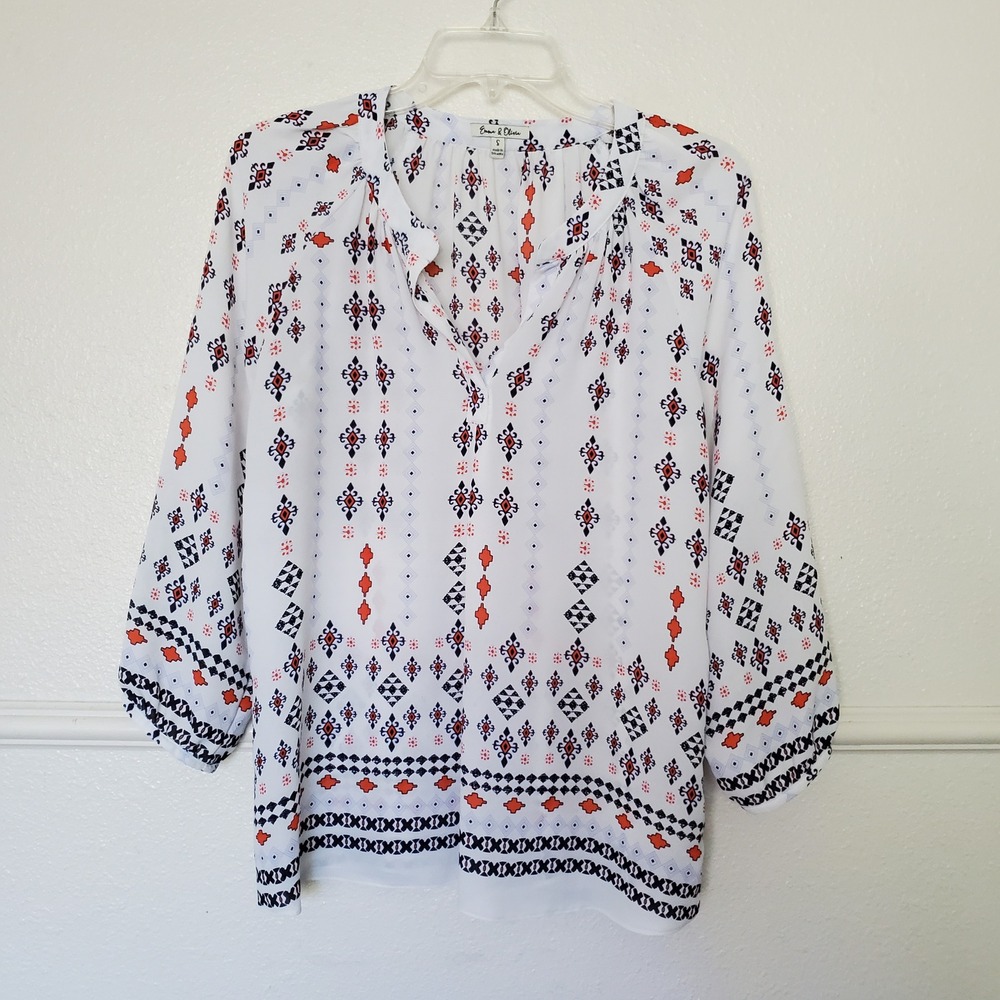 Emma & Olivia Womens Geometric Tribal Print V-Neck 3/4 Sleeve Blouse White Small